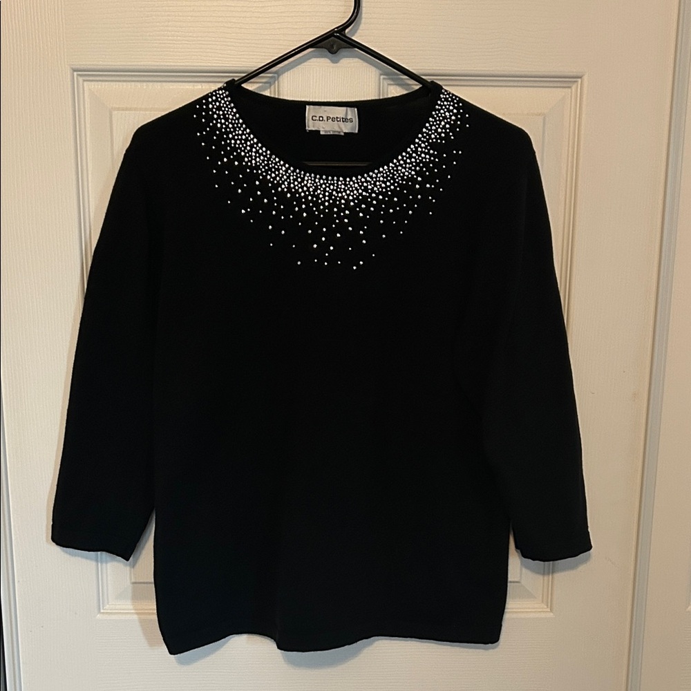 CATHY DANIELS PETITES Black Scoop 3/4 Sleeve Sweater Rhinestone Neckline Small